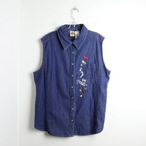 Vintage Disney Looney Tunes embroidered denim shirt blue top sleeveless 3X plus